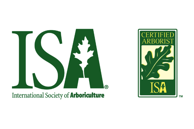 Logos for the International Society of Arboriculture and ISA Certified Arborist, both featuring stylized oak leaves in green and yellow.
