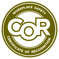 Circular Workplace Safety Certificate of Recognition (COR) logo with bold white letters on a gold background.