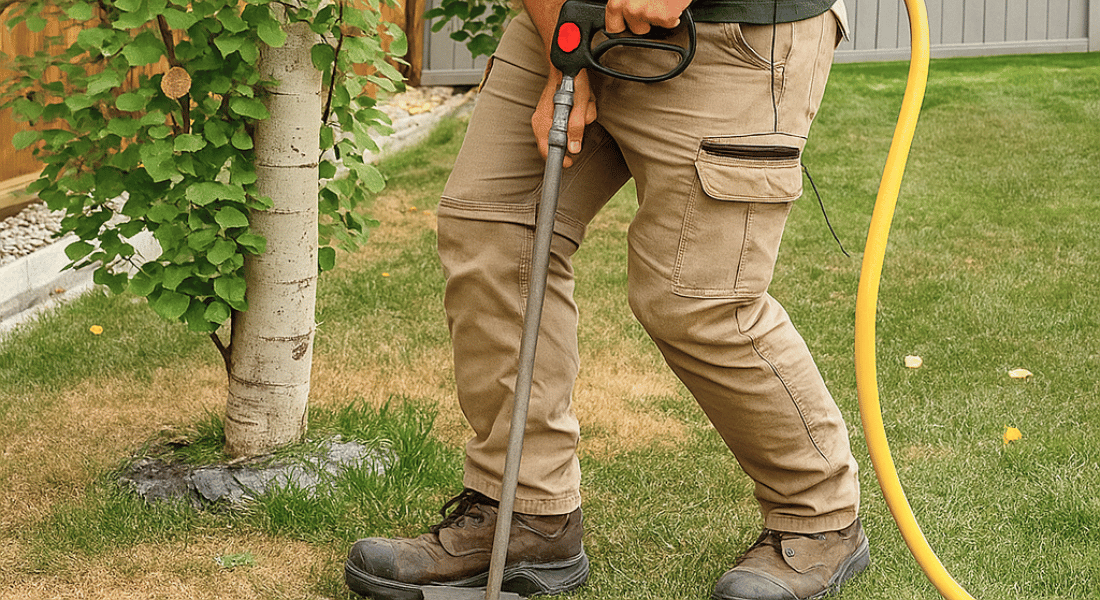 Person in tan pants and boots uses a soil probe near a tree in a grassy backyard, holding a yellow hose attached to equipment.