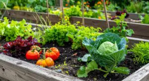 Raised garden beds with various vegetables growing, including tomatoes, cabbage, and leafy greens, surrounded by soil and greenery.