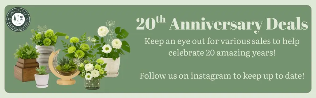 Greenery City Garden Shop 20th Anniversary Deals promotion with potted plants and books on the left, and sale announcement text on a green background.