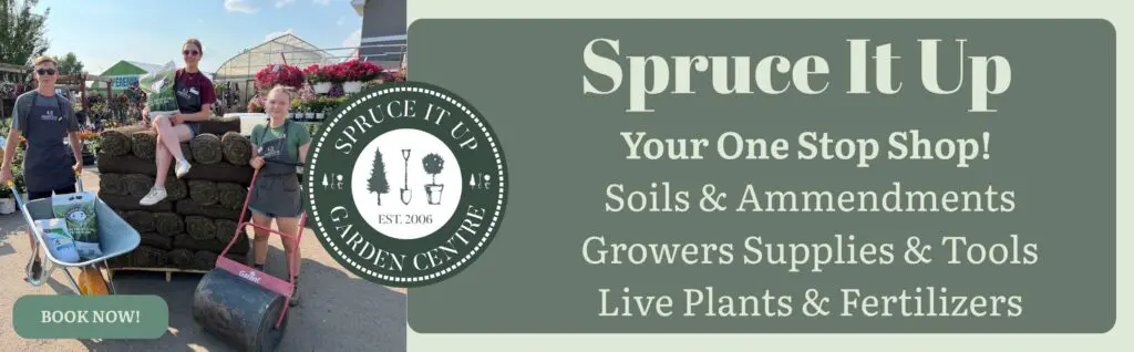 Three people stand beside stacked rolls of sod at an outdoor garden centre. A large sign advertises soils, tools, plants, fertilizers, and includes a “Book Now!” button.