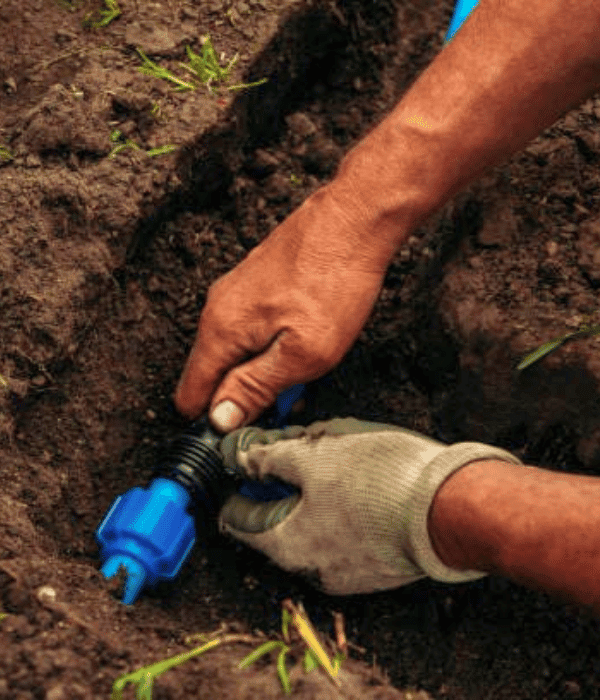 Irrigation A person wearing a glove connects blue plastic irrigation pipes in a dirt trench.