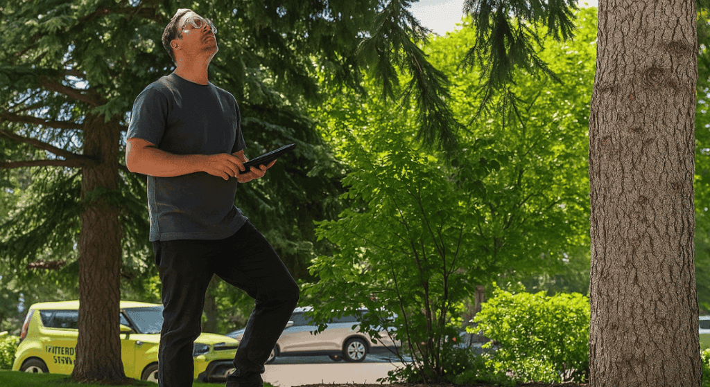 A person stands outdoors surrounded by trees and greenery, holding a tablet and looking upwards. A yellow car is partially visible in the background.