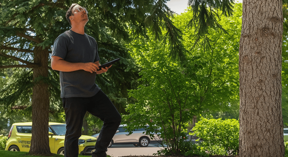 A person stands outdoors surrounded by trees and greenery, holding a tablet and looking upwards. A yellow car is partially visible in the background.