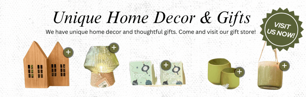 Banner showcasing unique home decor and gifts, including wooden houses, a mushroom light, coasters, green planters, and a hanging candle holder—perfect finds from our Garden Centre. Green badge reads 