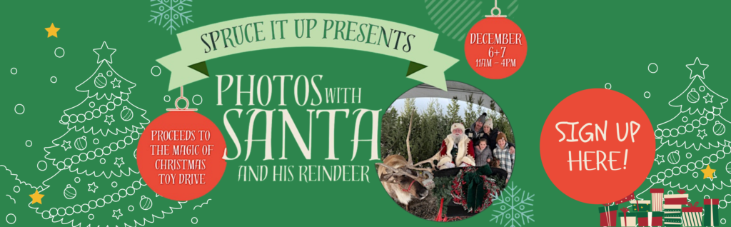 Green event flyer with Christmas trees, ornaments, and a photo of Santa with children and a reindeer at the Garden Centre. Text reads: 