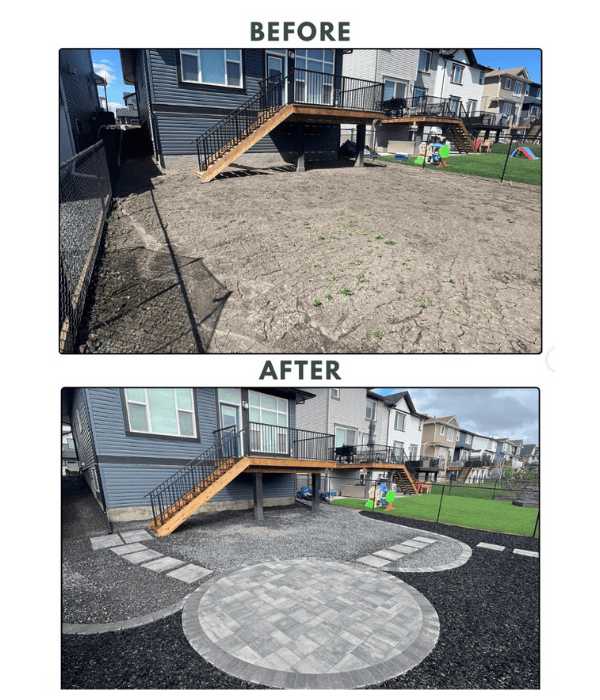 Two images of a backyard: the top shows bare, patchy dirt; the bottom shows a finished yard with gravel, pavers, and a circular patio area under a deck.