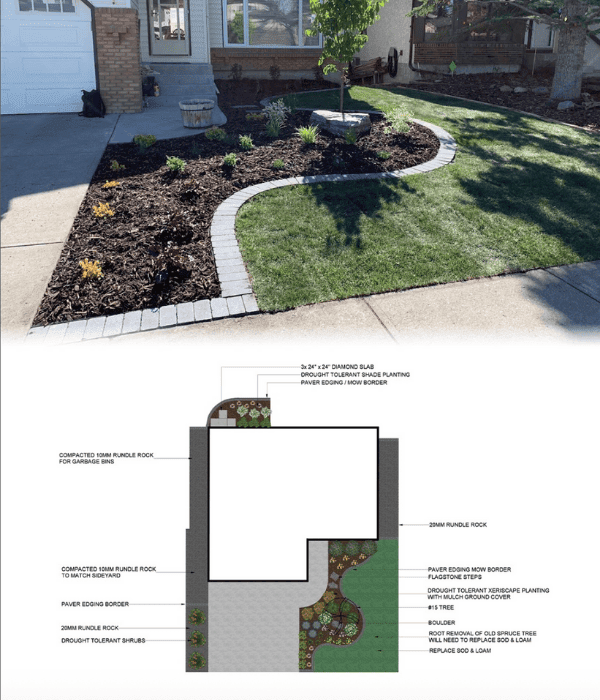 Front yard with a curved garden bed bordered by gray pavers, featuring drought-tolerant plants and a small tree; landscape plan diagram shown below.