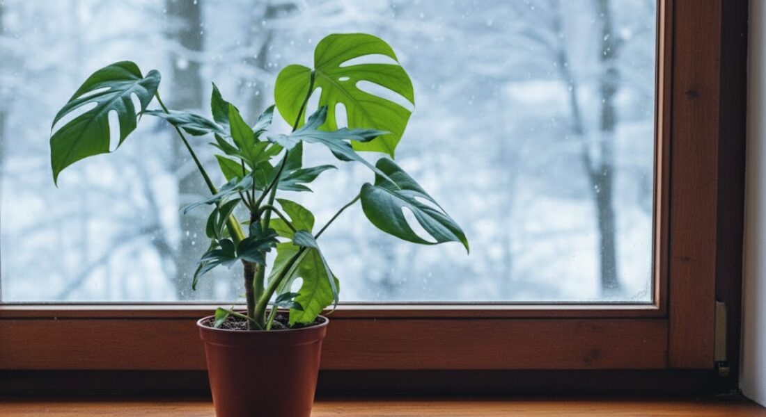 A potted monstera plant sits on a wooden windowsill with a snowy landscape visible through the window in the background.