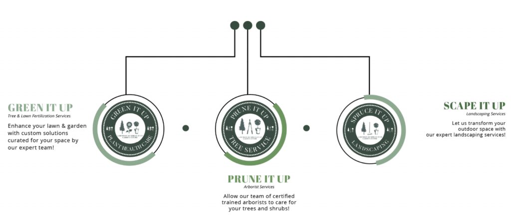 Infographic showing three services: Tree & Lawn Revitalization, Arborist, and Landscaping—perfect for enhancing your home or Garden Centre—each with a brief description and circular icons connected by lines.