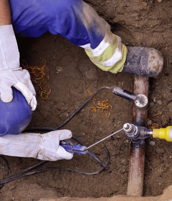 A worker in gloves and blue pants uses a tool to work on an exposed metal pipe in a dirt trench.