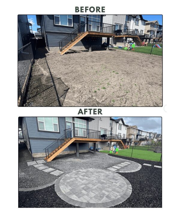 Two images of a backyard: the top shows bare, patchy dirt; the bottom shows a finished yard with gravel, pavers, and a circular patio area under a deck.