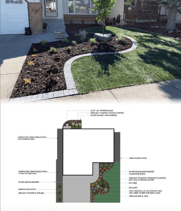 Front yard with a curved garden bed bordered by gray pavers, featuring drought-tolerant plants and a small tree; landscape plan diagram shown below.
